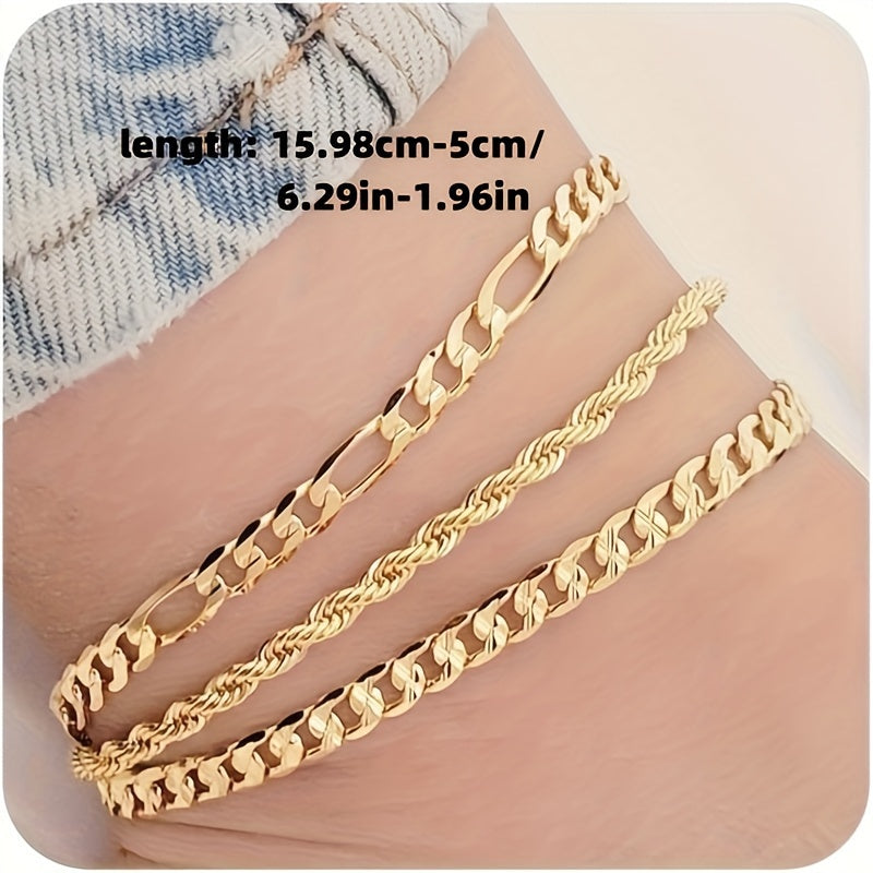 Set of 3 stainless steel anklets designed for women, featuring 14K golden plating, waterproof technology, and strong lobster clasps. Includes Cuban link, Figaro, and rope chains for a versatile look suitable for all seasons. Perfect for everyday wear and