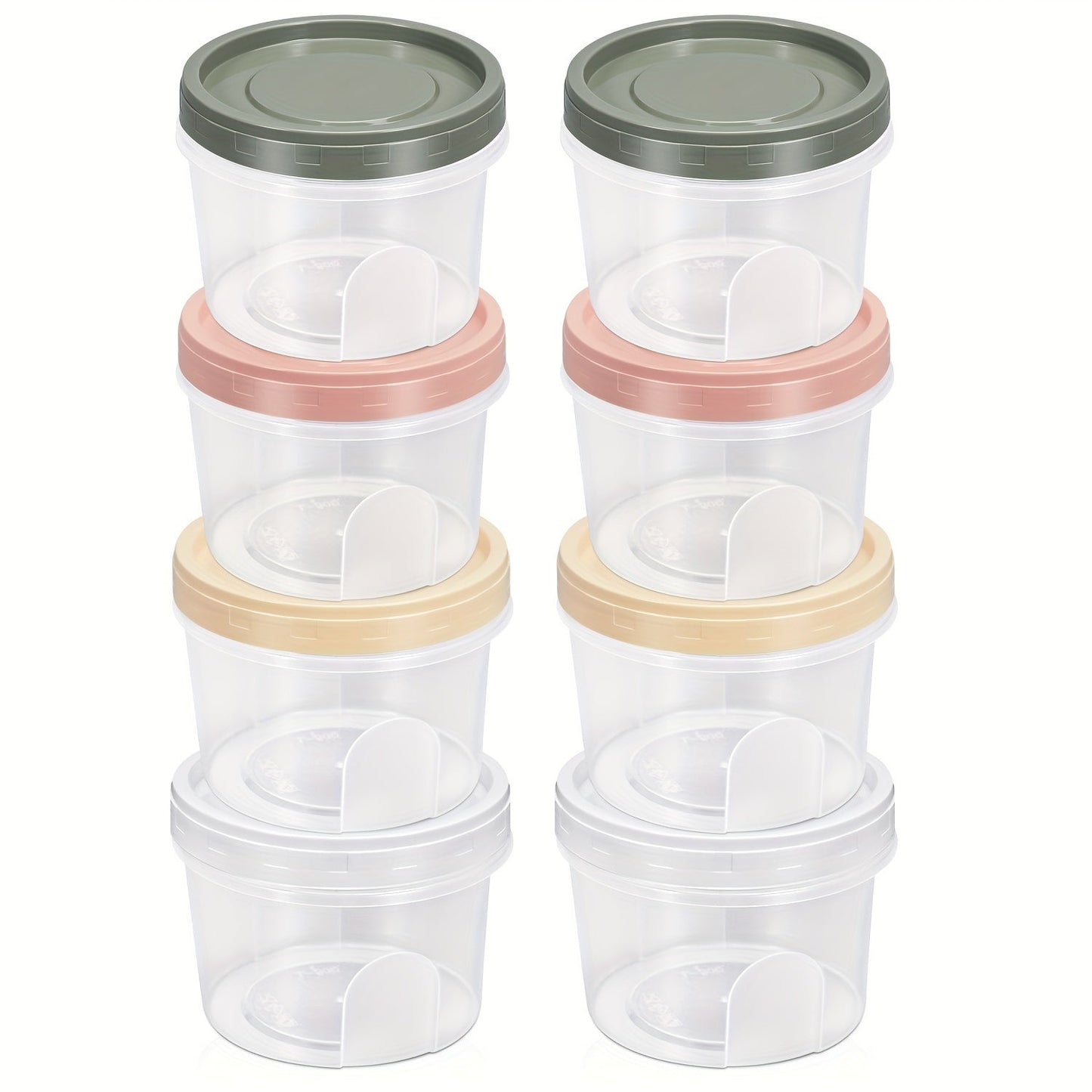 Five pieces of round plastic containers with reusable lids, ideal for storing food, snacks, and lunch. These small freezer storage jars come with screw lids and are microwave safe.