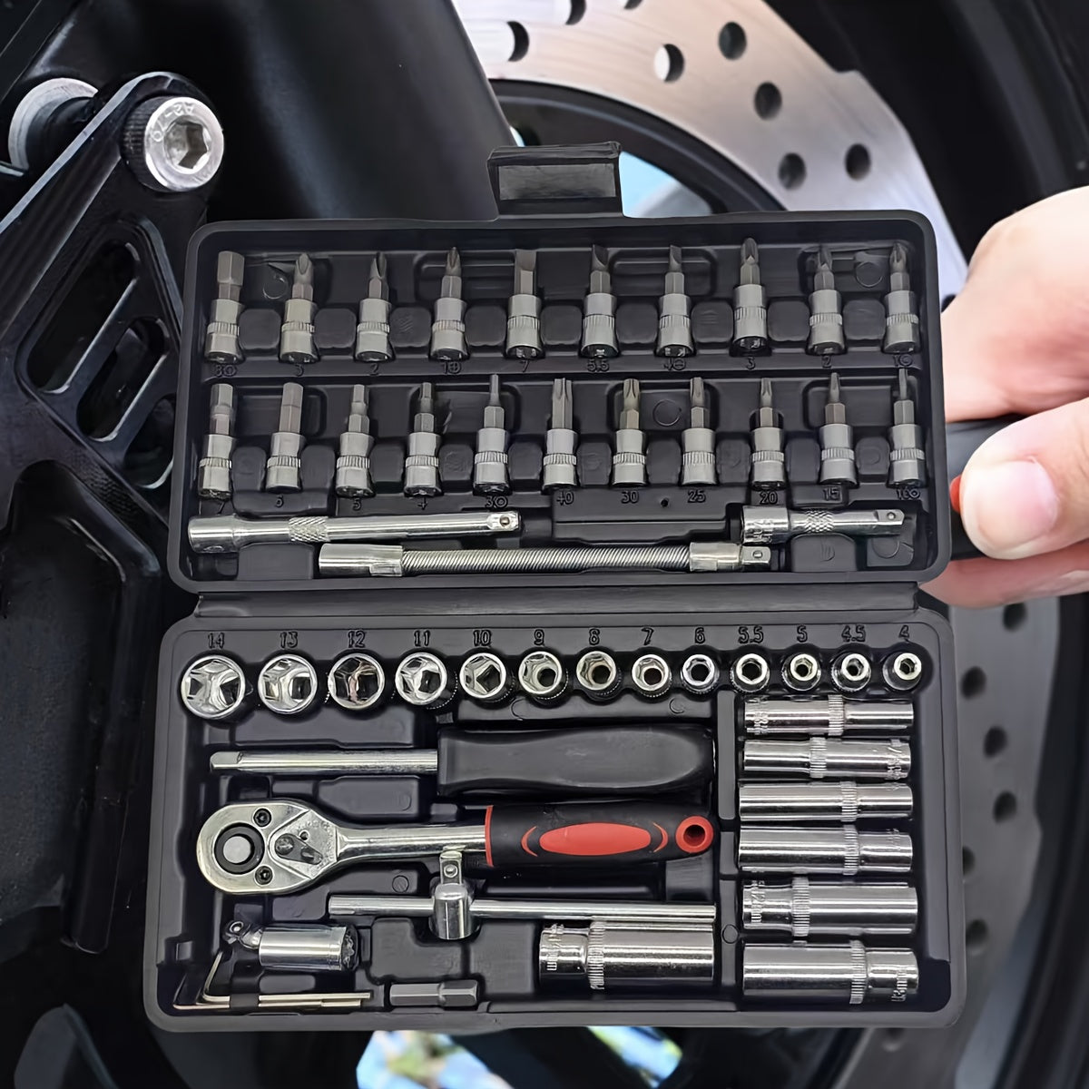 Multi-function tool set made of Chrome Vanadium Steel for various repairs on vehicles and bicycles, including ratchet spanner, sockets, screwdriver bits, and extension rods. Comes with a