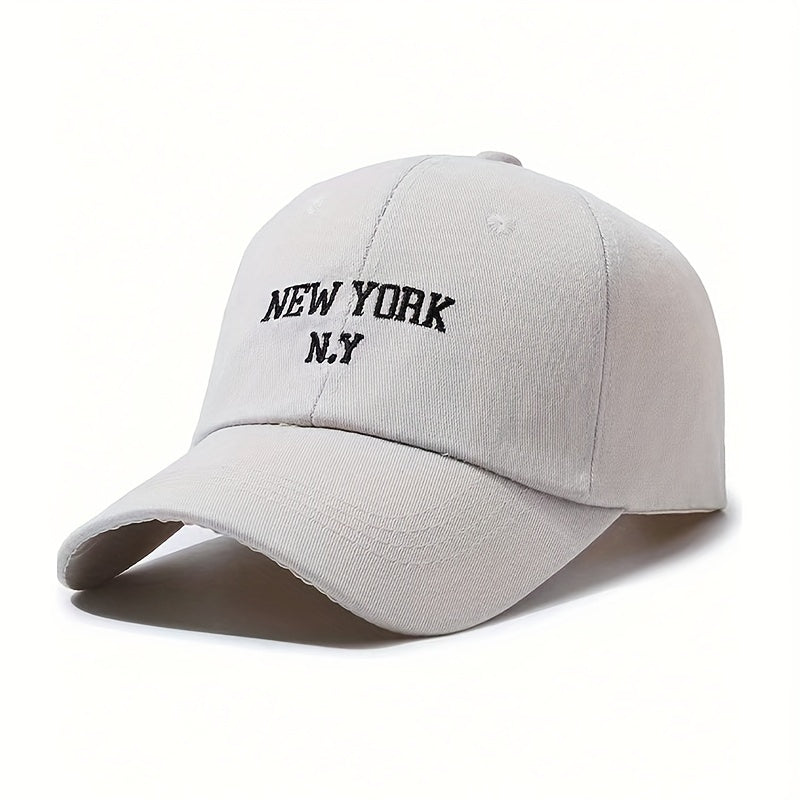 New York embroidered baseball cap with adjustable snapback for sun protection in black with white NYC lettering. Suitable for outdoor sports, unisex, and made of polyester blend.