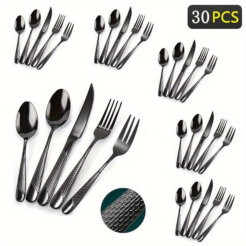 30-piece stainless steel cutlery set for restaurants and hotels, including steak knives, dinner forks, dinner spoons, and dessert spoons.