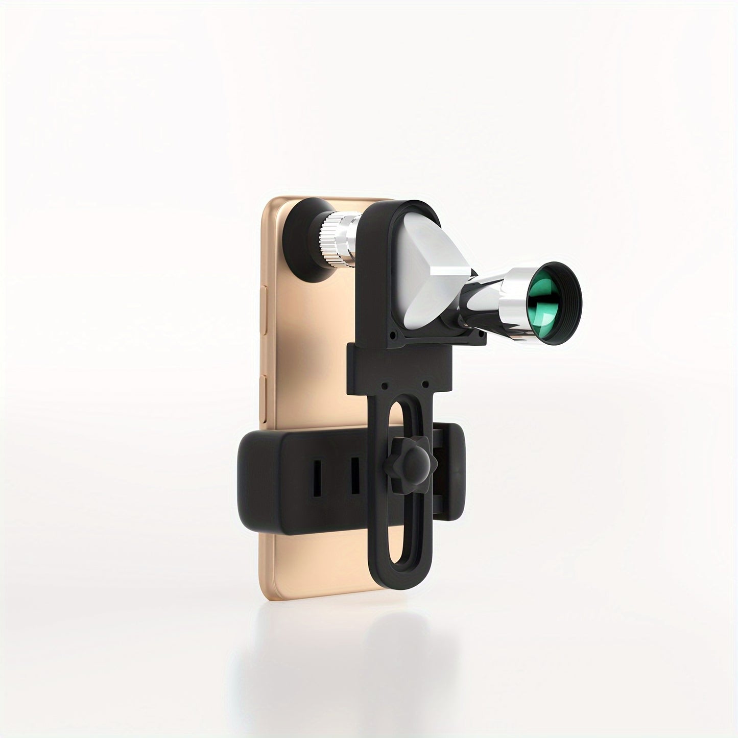 Telescopic lens and phone mount for photography enthusiasts; no power or battery required.