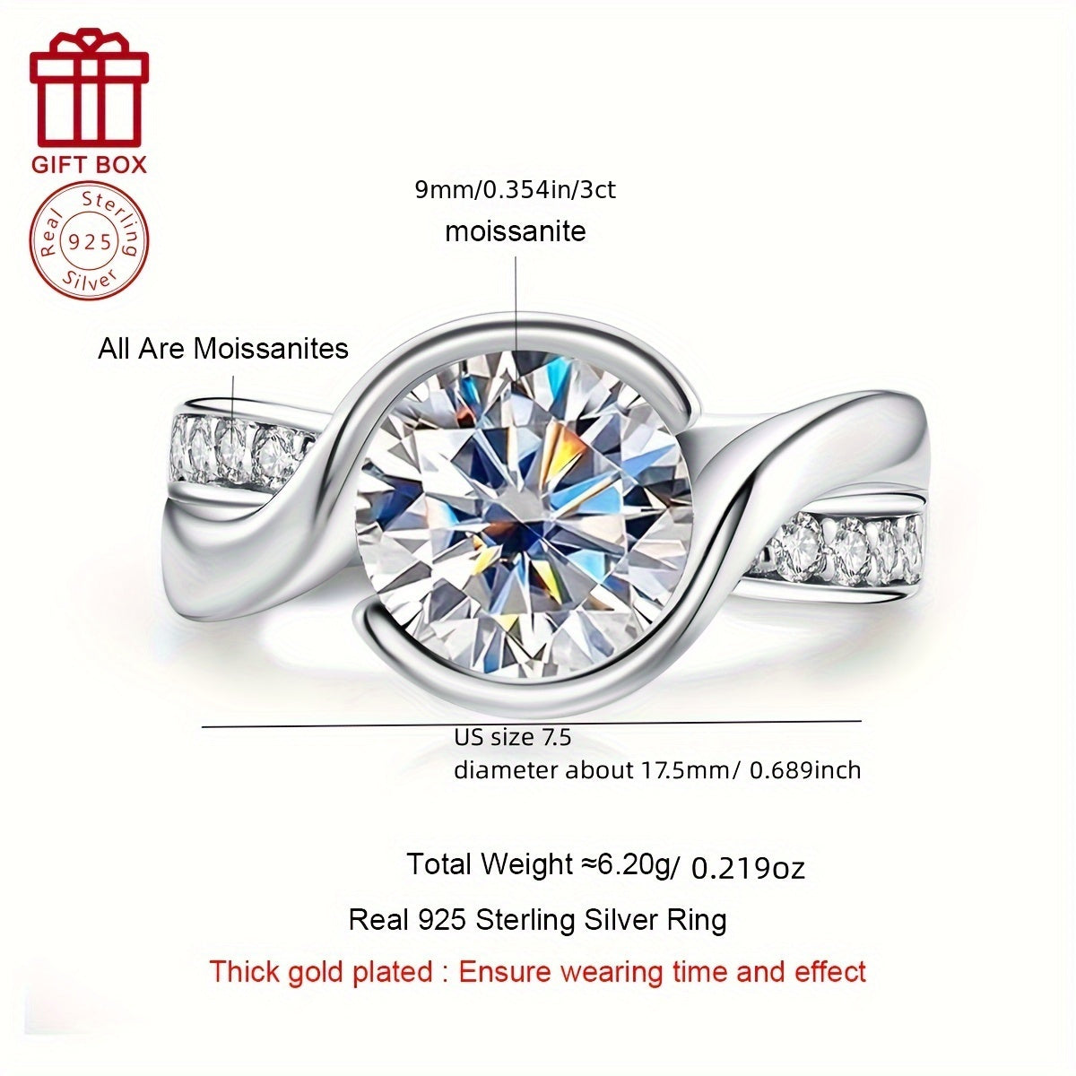 This elegant women's ring features a 9.0mm half-set moissanite stone, surrounded by 3CT accent stones totaling approximately 0.027CT each. Made from 925 silvery metal, the ring weighs approximately 6.2g and is perfect for weddings, engagements