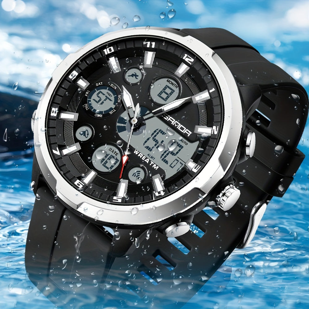 The SANDA Men's Sports Watch is a multifunctional chronograph quartz timepiece that is water-resistant up to 5ATM. Featuring a date display, round zinc alloy case, and silica gel strap, this watch is powered by an electronic drive and a non-rechargeable