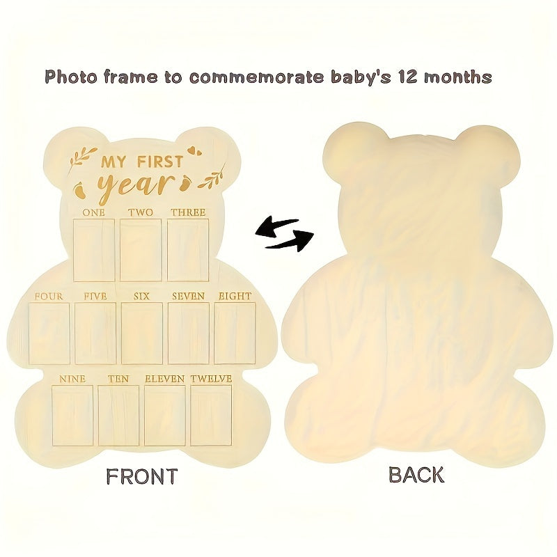 Wooden First Year Milestone Photo Frame with Polished Finish - Vertical Bear-Shaped Keepsake Poster Frame for Nursery Decor and Living Room Calendar - Sweet First Birthday Memory Gift for Ages 14+ - Arrival Party - 1pc