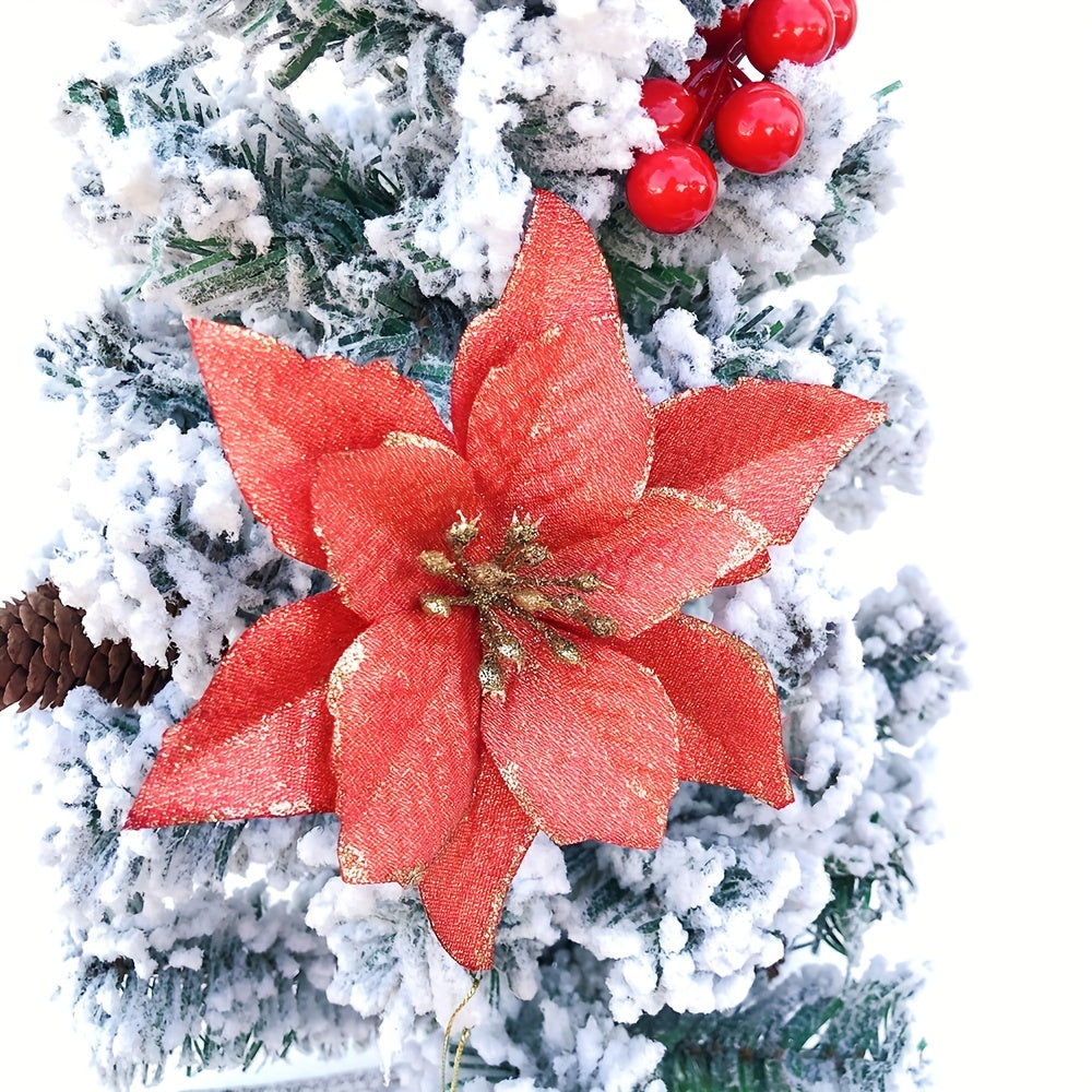 Set of 10 glittery 14cm artificial Christmas flowers for tree decorating, perfect family gift for the holidays.