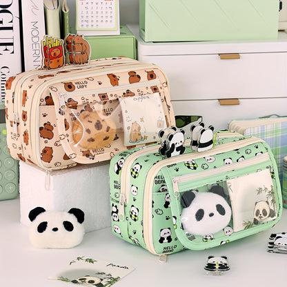 Panda cartoon pencil case with multi-layer organizer for pens, pencils and accessories. Stylish storage for boys and girls.