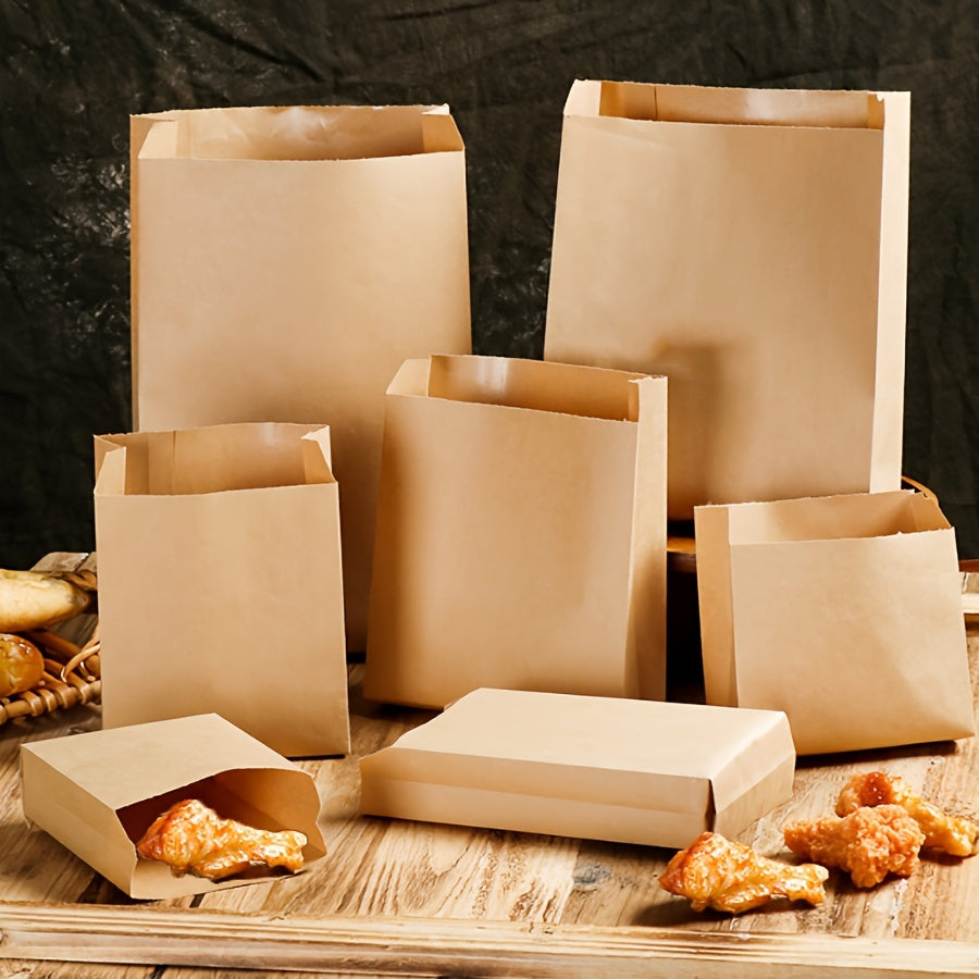 50-count of disposable brown kraft paper bags with fold-top design, perfect for packaging food and vegetables, candy, lunch items, bakery goods such as cookies and bread, and fruits at grocery stores or fruit markets.