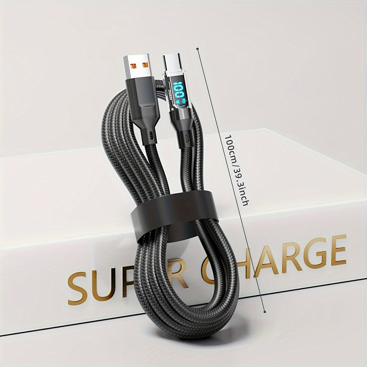 Speedy 100W USB Type C cable with LED display, PVC/Nylon construction, round shape, and fast charging capability for car use.