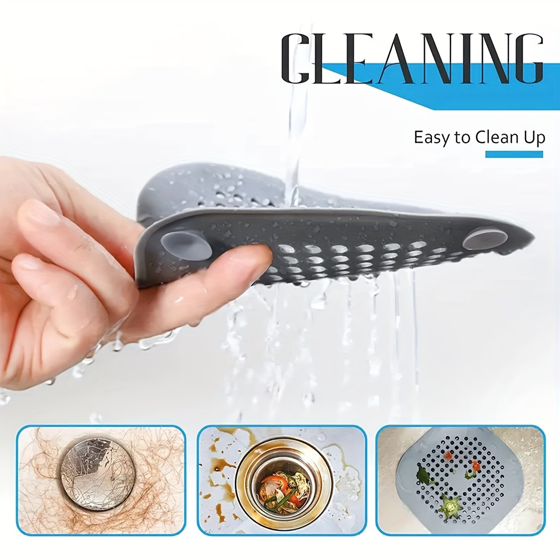 Durable white hair catcher for kitchen and bathroom drains, odorless and anti-clog design, made of thermoplastic rubber material.