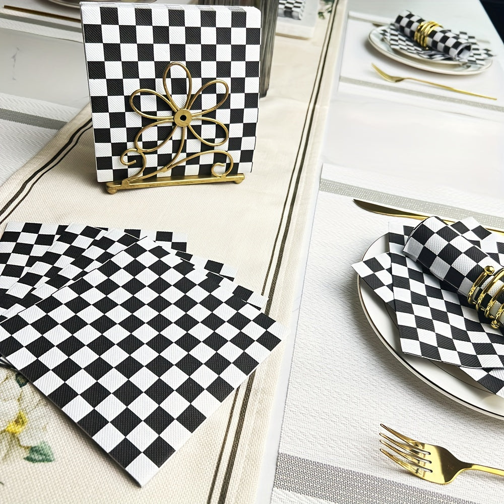 20 Black & White Checkered Disposable Napkins - Size 33.02x33.02 cm, Ideal for Weddings, Parties, and Holiday Celebrations