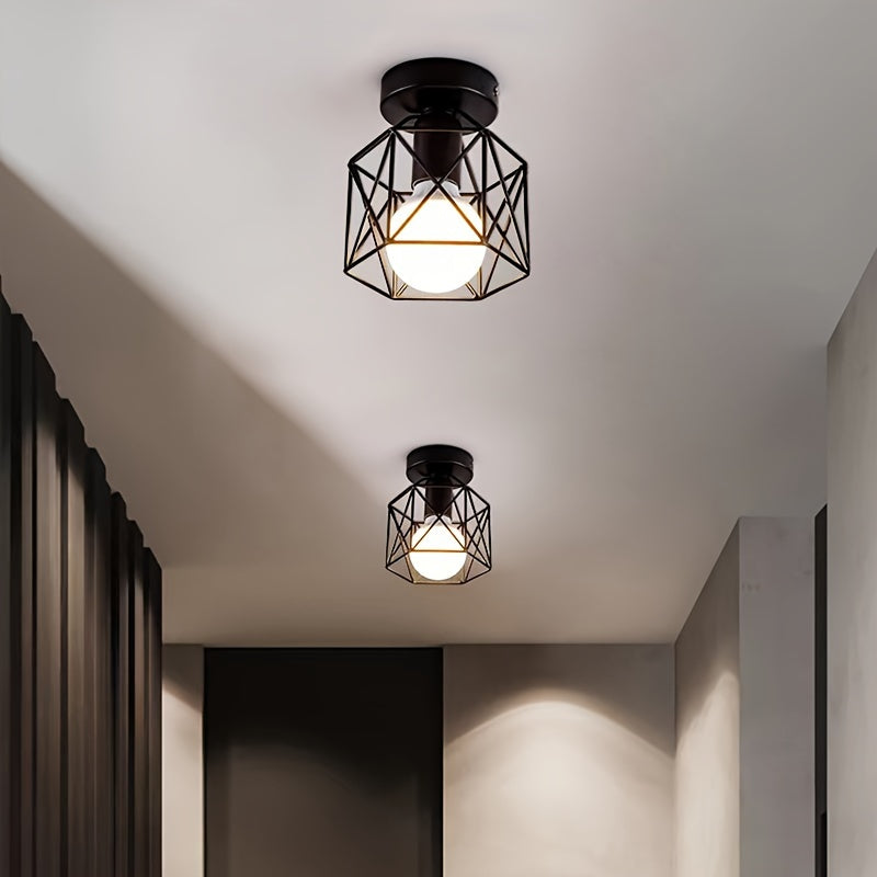 Modern Nordic Black Iron Ceiling Light with E27 Base, Geometric Design, Semi-Flush Mount Installation for Bedroom, Hallway, Balcony, Kitchen.