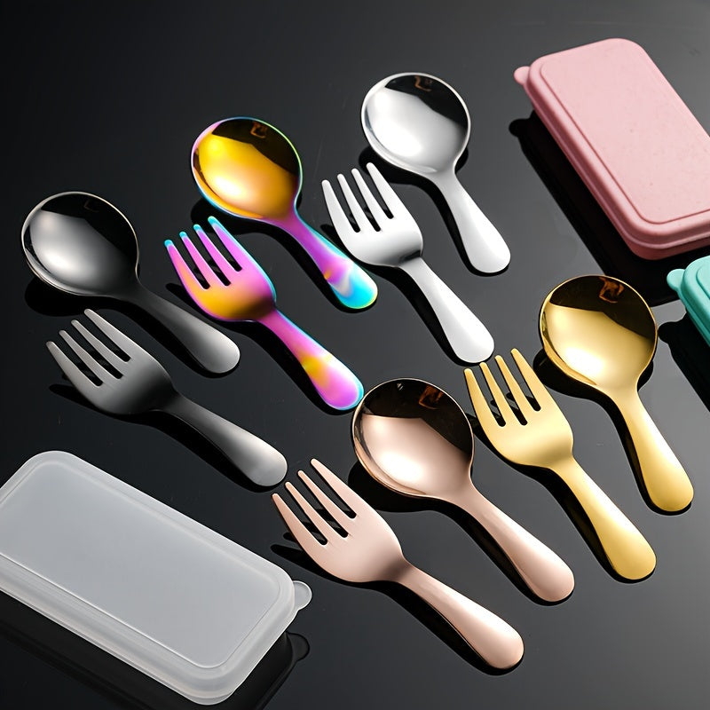 New set of 3 stainless steel forks and spoons with box, ideal for parties and travel. Includes round-headed spoons and forks that are multi-functional for ice cream, cake, and fruit.