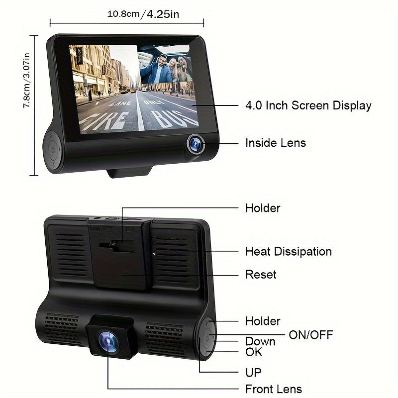 YiXingjia HD 3-Lens Dash Cam with Night Vision offers front, interior, and rear views, suction cup mount, loop recording, and reversible image.