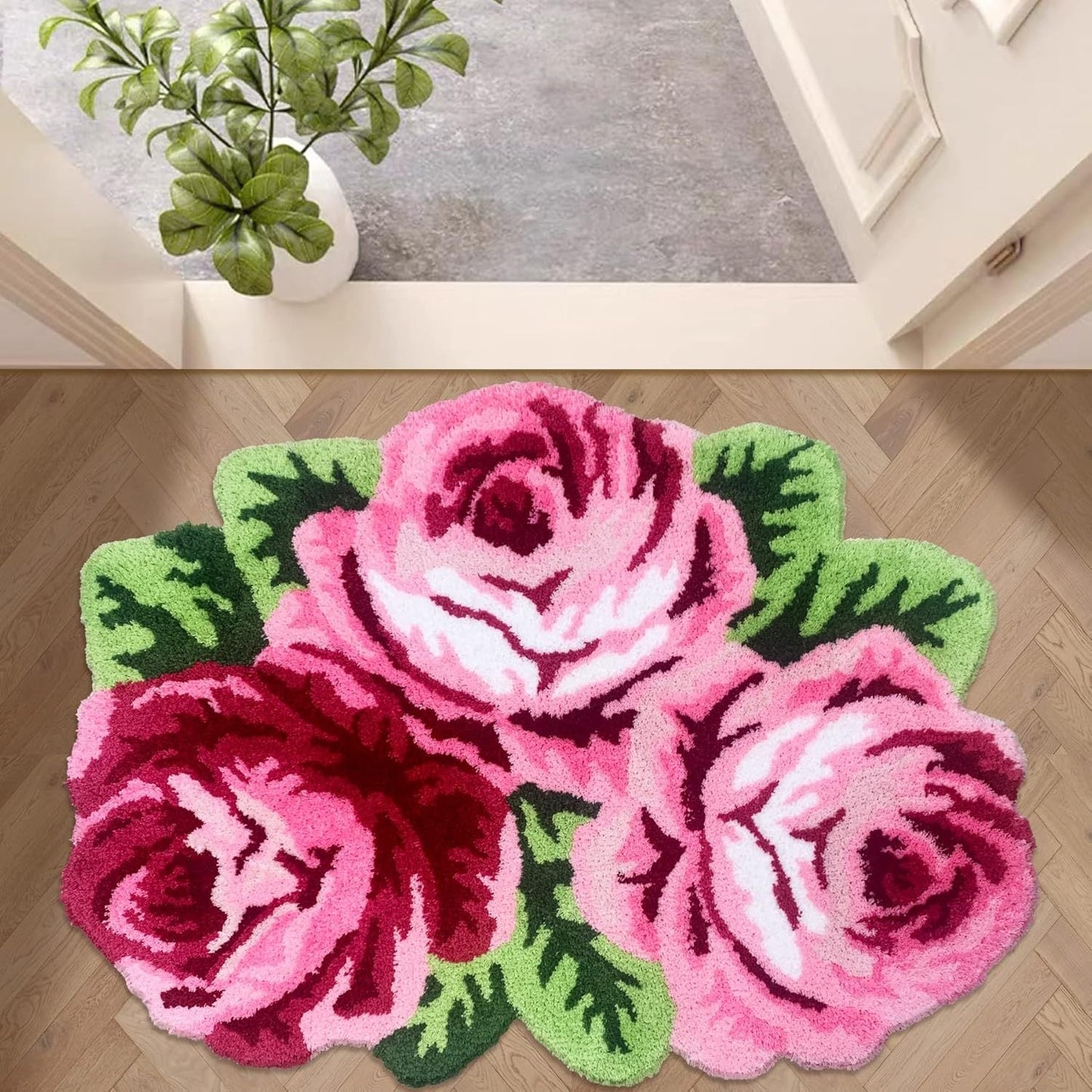 Valentine's Day Decor - Crystal Velvet Rose Flower Bath Rug with Non-Slip Backing, Made of Knit Fabric, 100% Polyester, 750gsm, 1cm Thickness, Suitable for Bathroom, Living Room, Bedroom, and Study