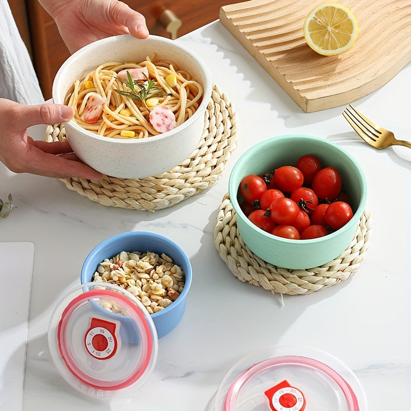 Set of 3 round plastic storage containers with leak-proof, reusable, multipurpose flip-top lids for kitchen organization. Made of wheat straw material, these fresh-keeping bowls are perfect for storing grains, fruits, vegetables, and meals. Easy to hand