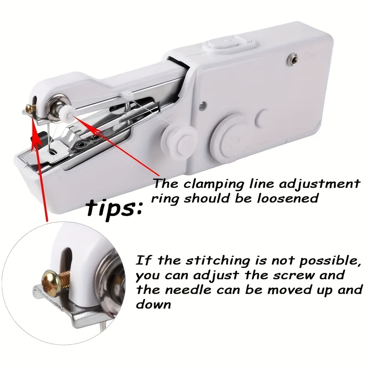 Handheld sewing machine for quick stitching on fabric and clothing. Batteries not included.