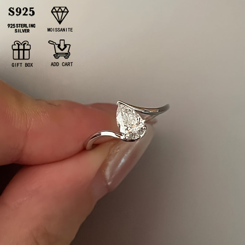 Elegant 925 Sterling Silver Moissanite Teardrop Ring with 1/2ct Pear-Shaped Stone, Featuring Hypoallergenic Twisted Arm Design. Perfect for Women's Engagement or Wedding Band, Ideal Anniversary Gift. Includes Gift Box from All Seasons Jewelry.