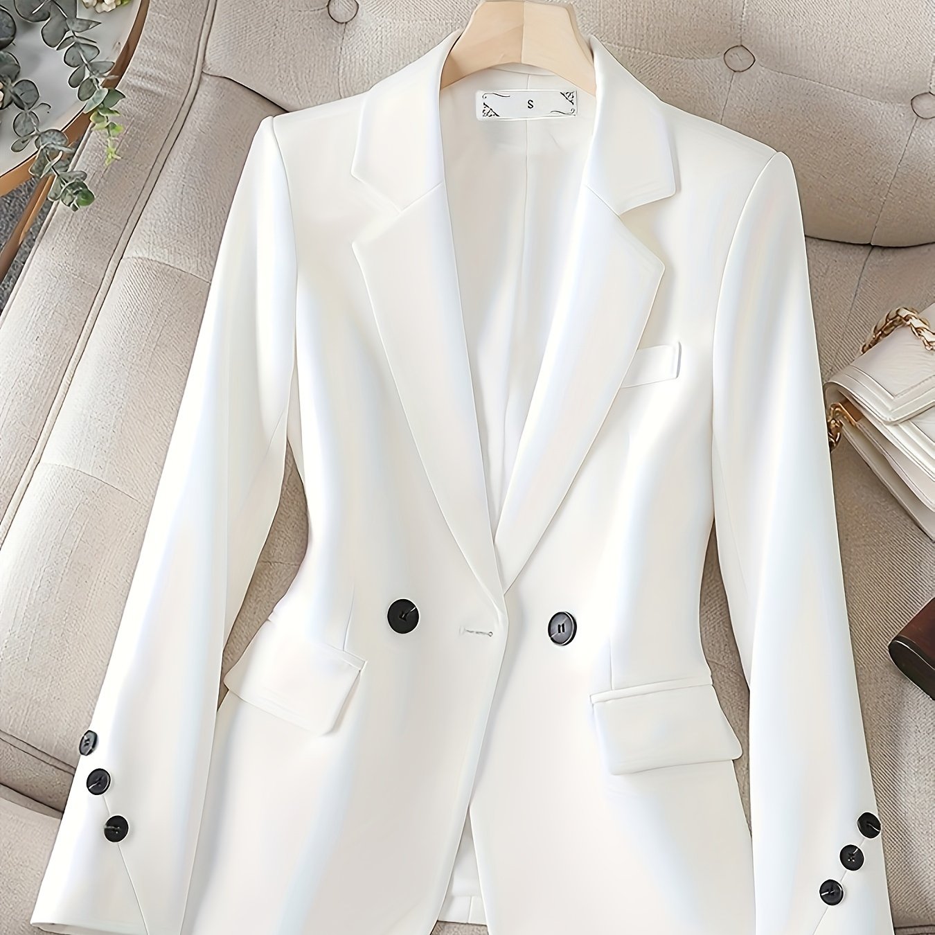 Elegant double-breasted blazer for office wear, women's clothing.