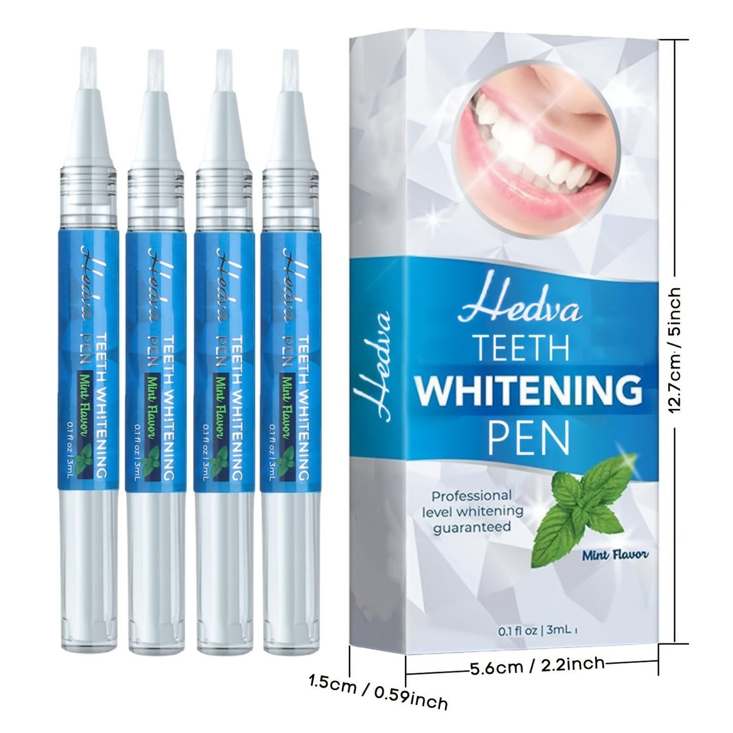 Teeth whitening pen with mint flavor in 4pcs, 3pcs, 2pcs, or 1pc options, 3mL/0.1 Fl oz per pen, portable and easy to use.