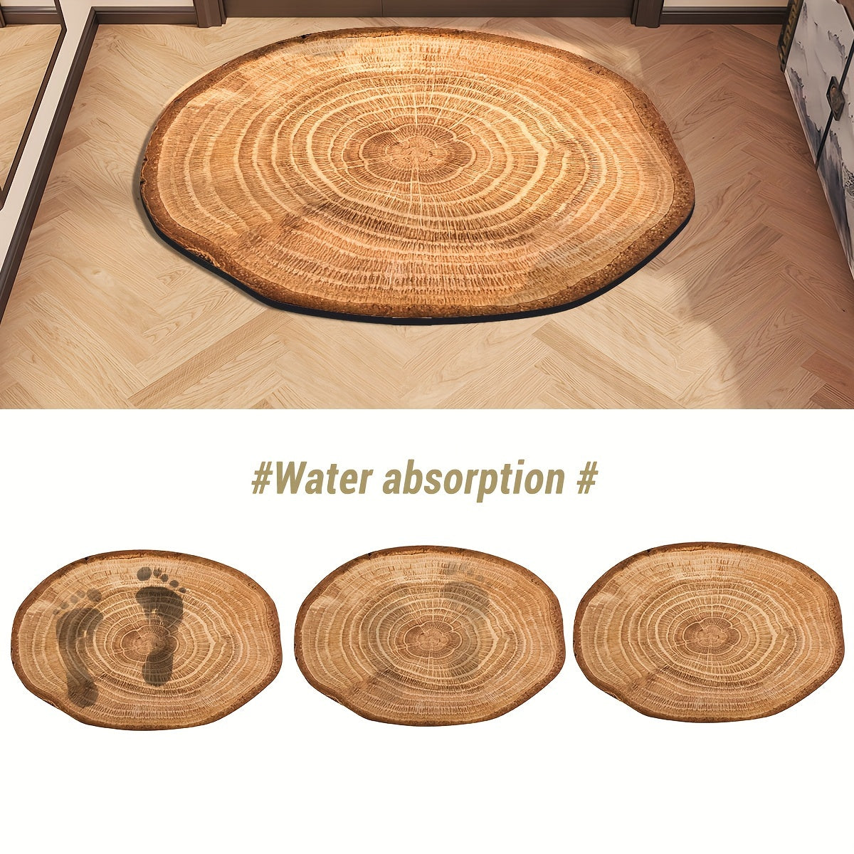 Wood Grain Tree Ring Design Indoor Doormat featuring a non-slip rubber backing for added safety. This decorative floor mat is made from machine-made polyester and is hand-washable. The low pile entry rug is flame resistant, making it perfect for use in