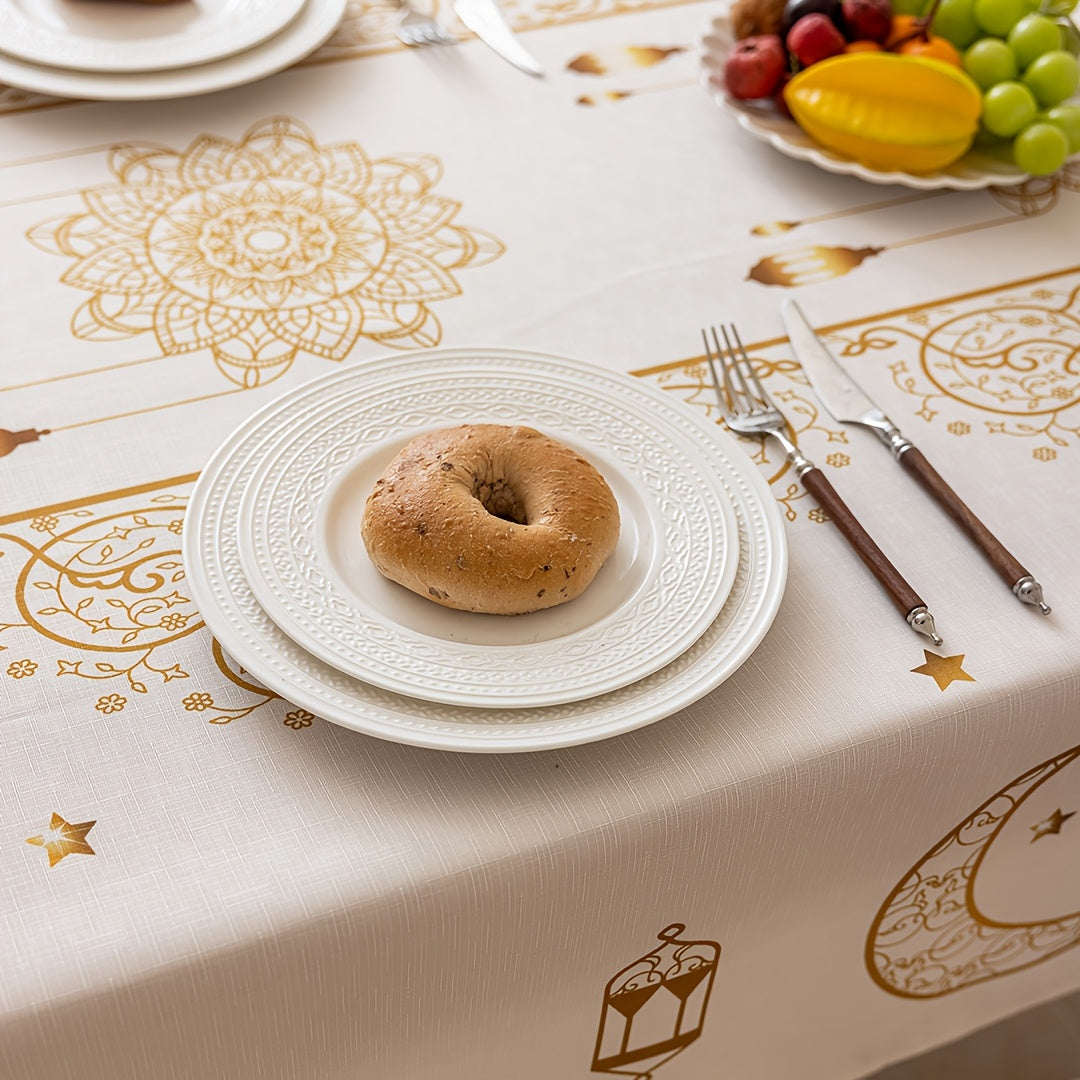 Bohemian Geometric Pattern Ramadan Eid Al-Fitr Tablecloth with Golden Moon and Star Design, made of 100% polyester, suitable for Iftar, parties, festivals, and gifting.