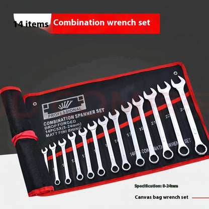 14-piece Professional Spanner Set with Extended Ratchet Wrench, Dual-End Hex & Flat Head, Manual Steel Tool Combo, Customizable Style - Set Purchase