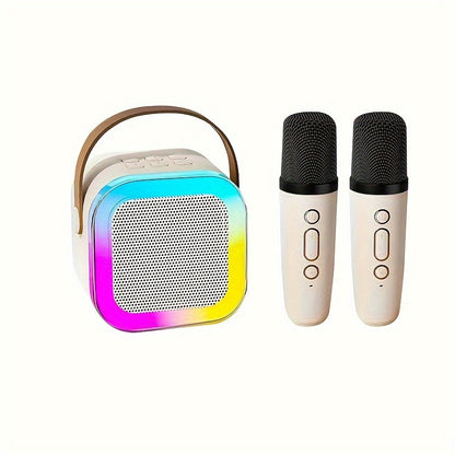 Portable wireless karaoke speaker with 1-2 microphones, dynamic lights, ideal for birthdays, home KTV, outdoor activities, and travel.