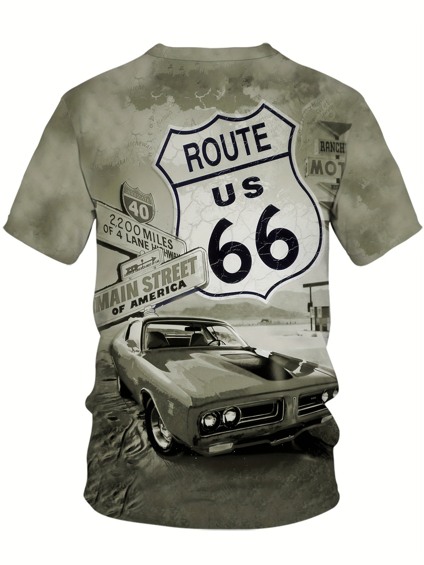 Men's Route 66 Adventure T-Shirt by HXMRBY - Short Sleeve Round Neck Tee made of Polyester with Casual Sporty Style, Cartoon Print, Regular Fit, and Knit Fabric.