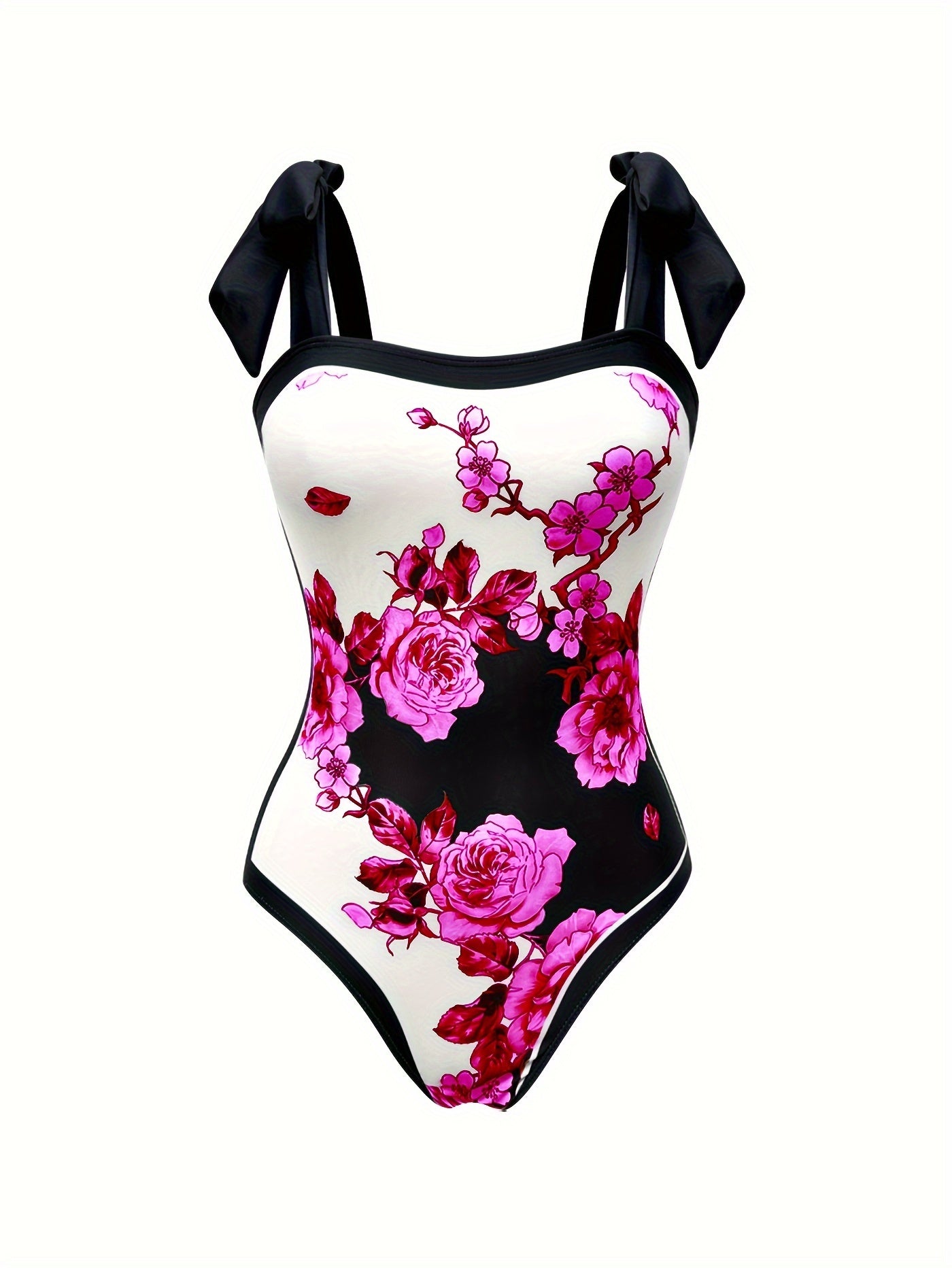 Stylish one-piece swimsuit with sun protection, floral print, and sheer skirt - ideal for the beach.