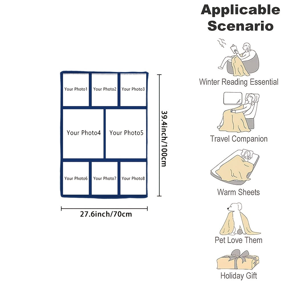 Customize your cozy flannel blanket with a personal photo! This soft and warm memory blanket is perfect for couples or families and is ideal for use in the office, bed, sofa, armchair, napping, camping, or travel. The machine washable blanket features a
