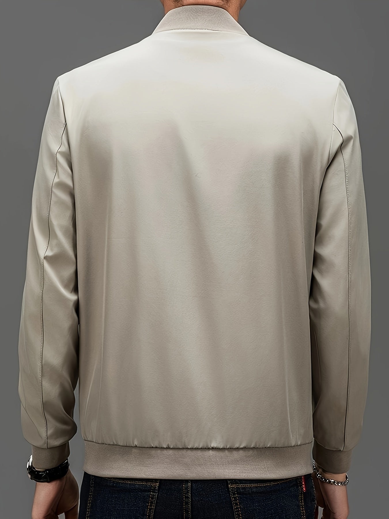 Men's casual stand collar jacket made of 100% polyester with a solid color, long sleeves, regular fit, zipper closure, and woven fabric. Suitable for spring/fall weekend casual wear.