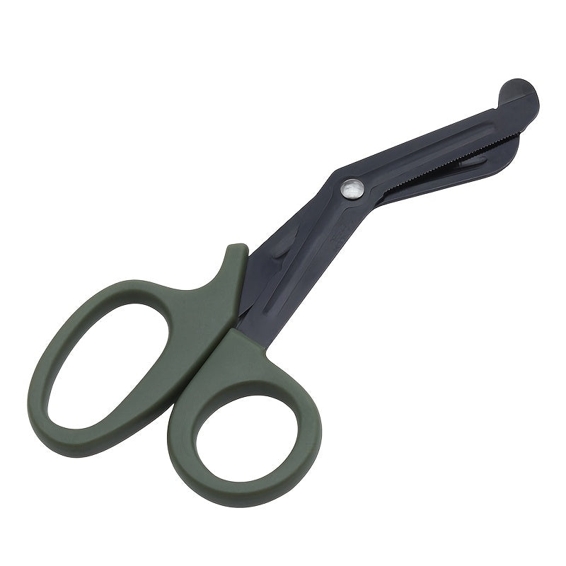 Stainless steel safety scissors with black coating, sharp for various outdoor uses, hand-friendly.