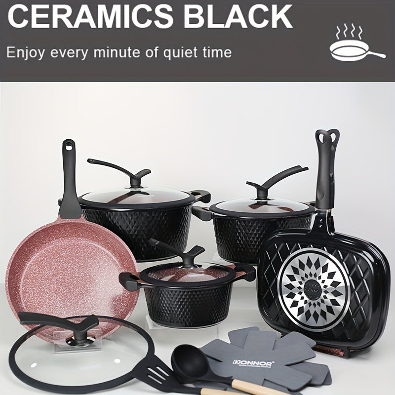 Luxury Set of 15 High-Quality Non-Stick Diamond Series Cookware Pieces, Including Frying Pans, Soup Pots, and Multi-Functional Die-Cast Aluminum Pot, Perfect for High-End Kitchen Cooking Combination.