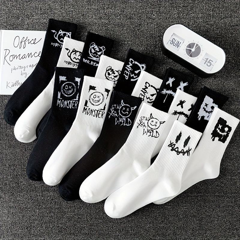 10 Pairs Unisex Skateboard Socks with Trendy Prints for Men & Women, Perfect for Basketball and Outdoor Activities - Breathable and Sweat-Absorbent. Trendy designs like Bears, Monsters, and