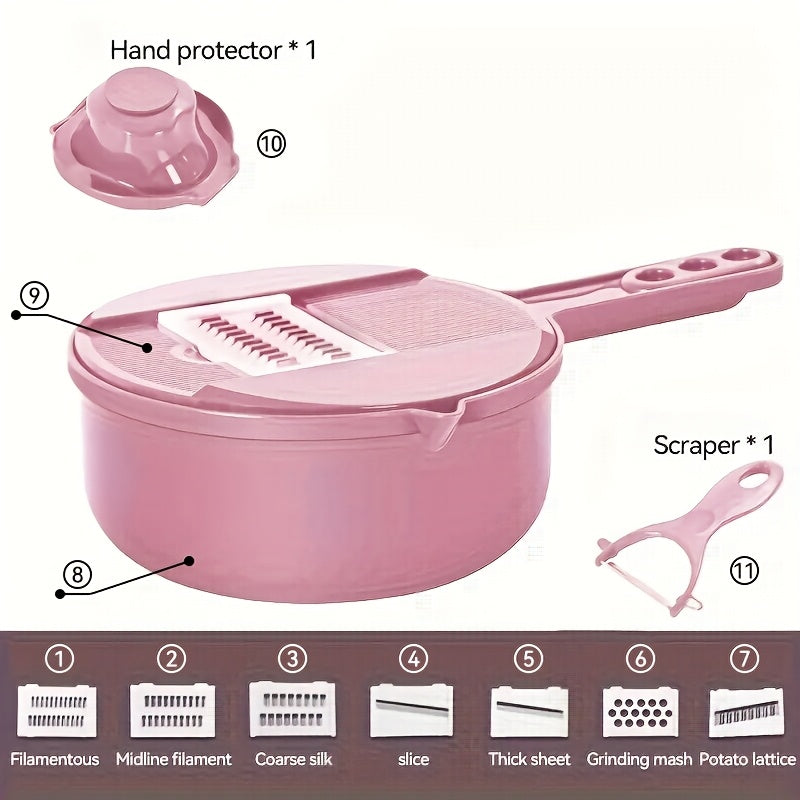 Multi-functional vegetable chopper for cutting, shredding, slicing, and grating vegetables in a hotel or commercial setting.