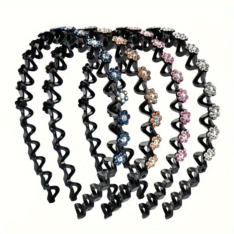 Vintage style 4-pack of rhinestone flower hair clips made of plastic for dressing up and styling hair.