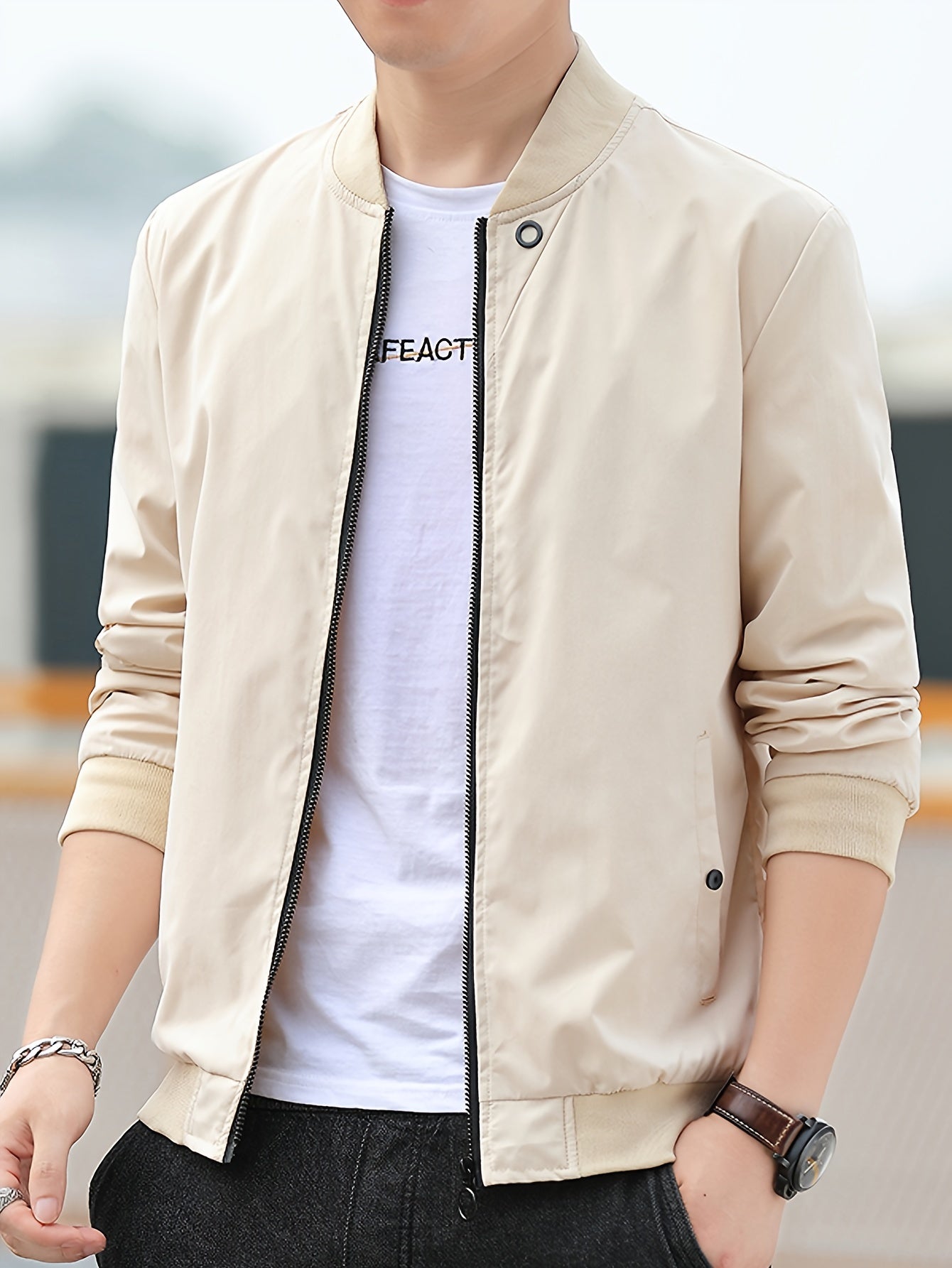 Solid Band Collar Zip-up Jacket for Men, perfect for Spring and Fall.