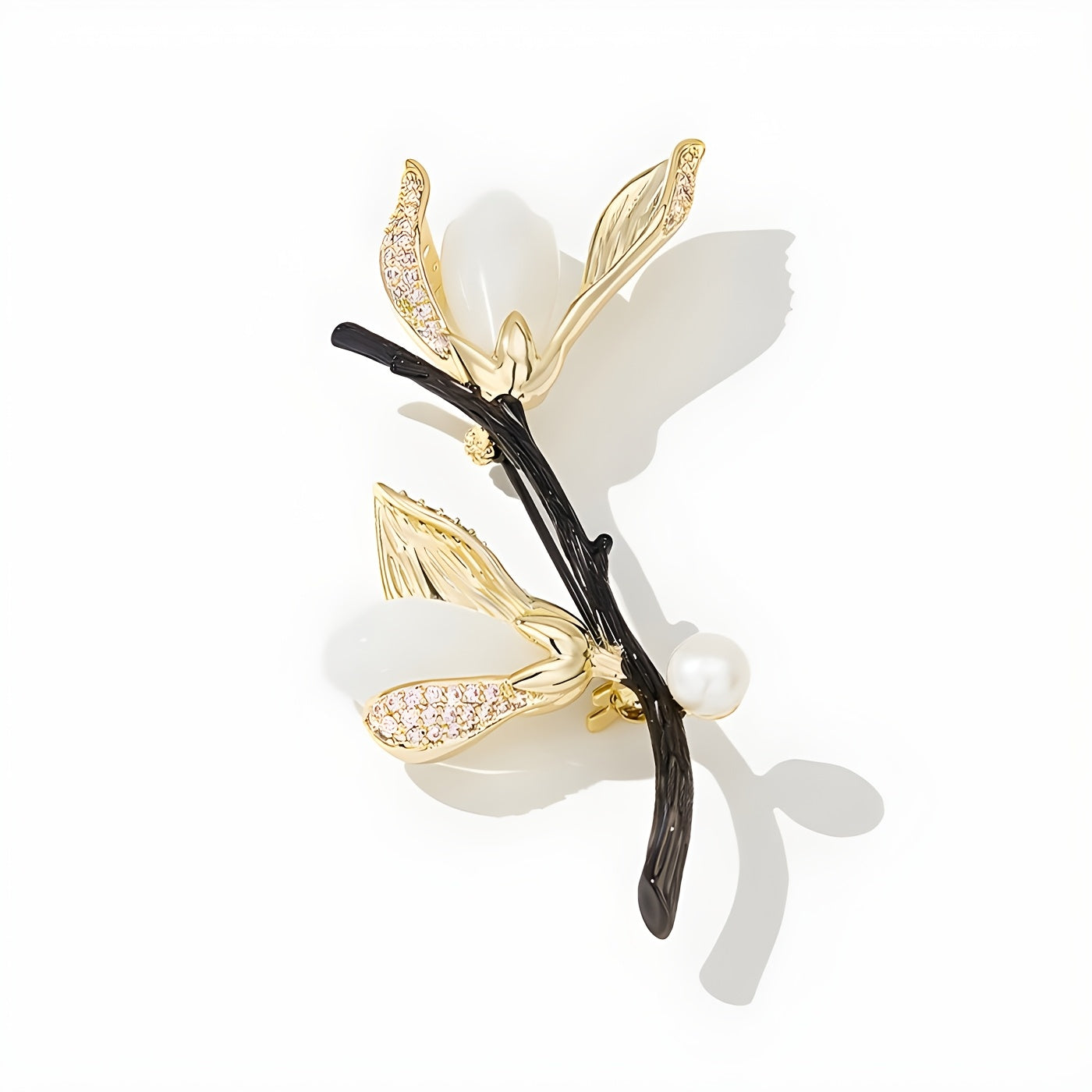 Elegant Vintage Magnolia Flower Brooch Pin with Rhinestone Embellished Plant Shape - A Luxurious Coat Accessory for Women, Boasting a Unique Design Sense.