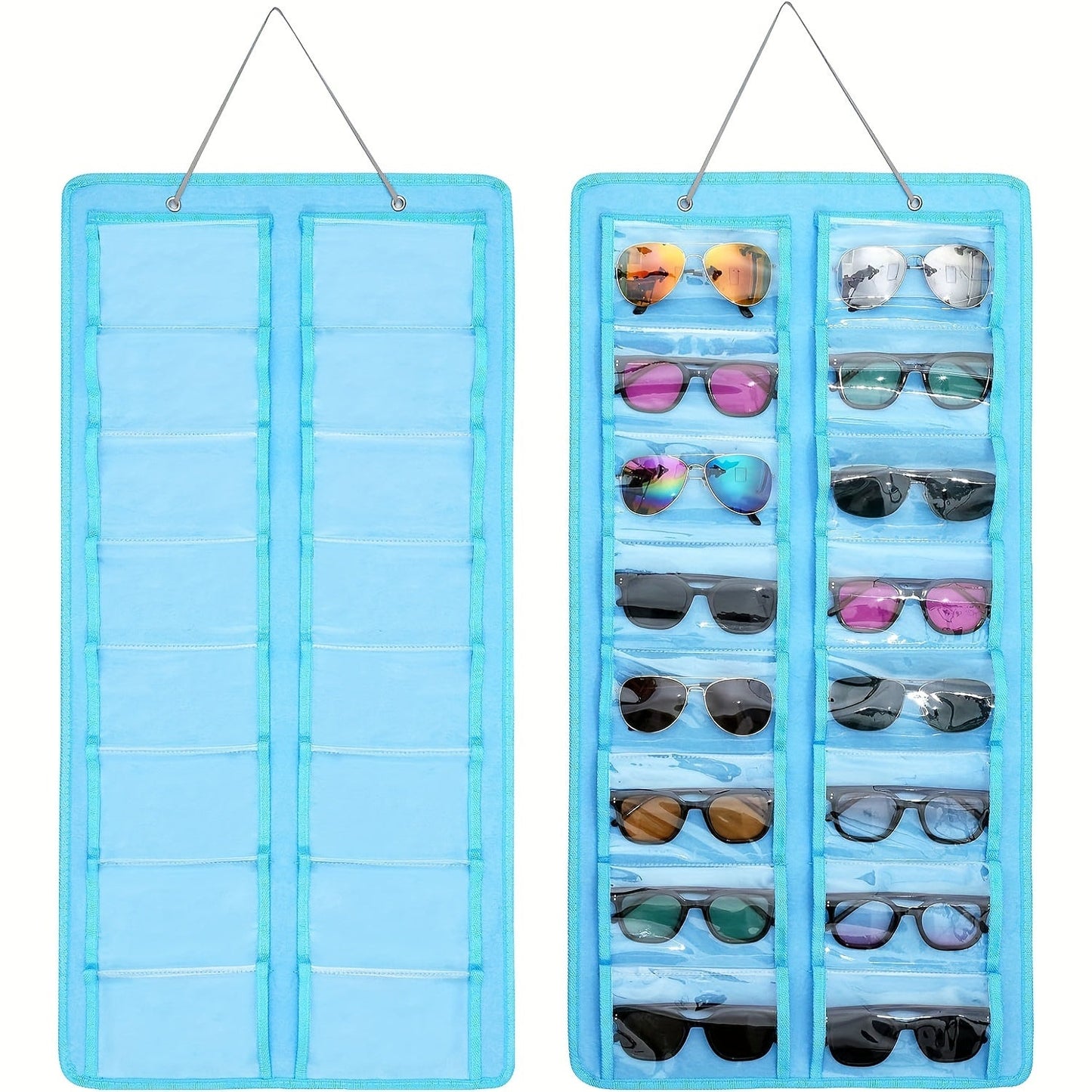 Get yourself the perfect solution for organizing your glasses with this 16-Slot Glasses Organizer. This hanging PVC wall pocket is dust-proof and includes a metal hook and sturdy rope for easy hanging. Ideal for storing women's fashion accessories, this