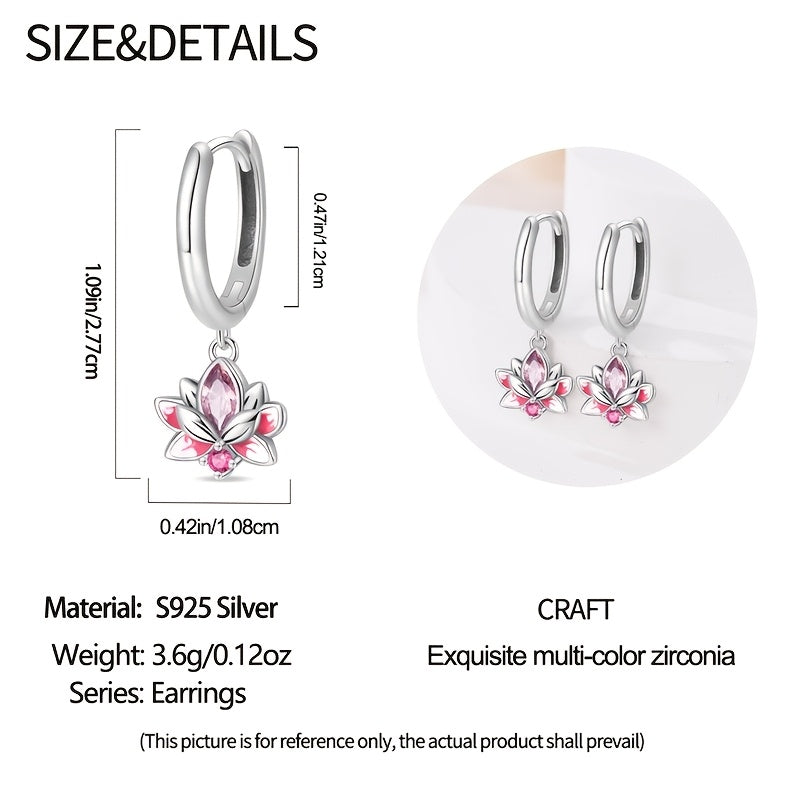 Sterling Silver Lotus Flower Hoop Earrings with Synthetic Zirconia, Boho Elegant Style, Silver Plated, Lightweight, Perfect for Parties and Vacations, Ideal for Spring Festivals, Versatile All-Season Jewelry