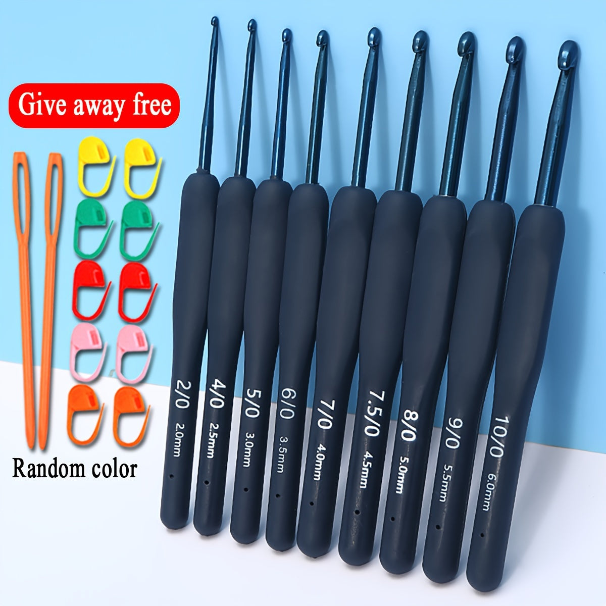 Blue crochet tool set includes 9pcs with soft handle, perfect for beginners. Random color. Great gift.