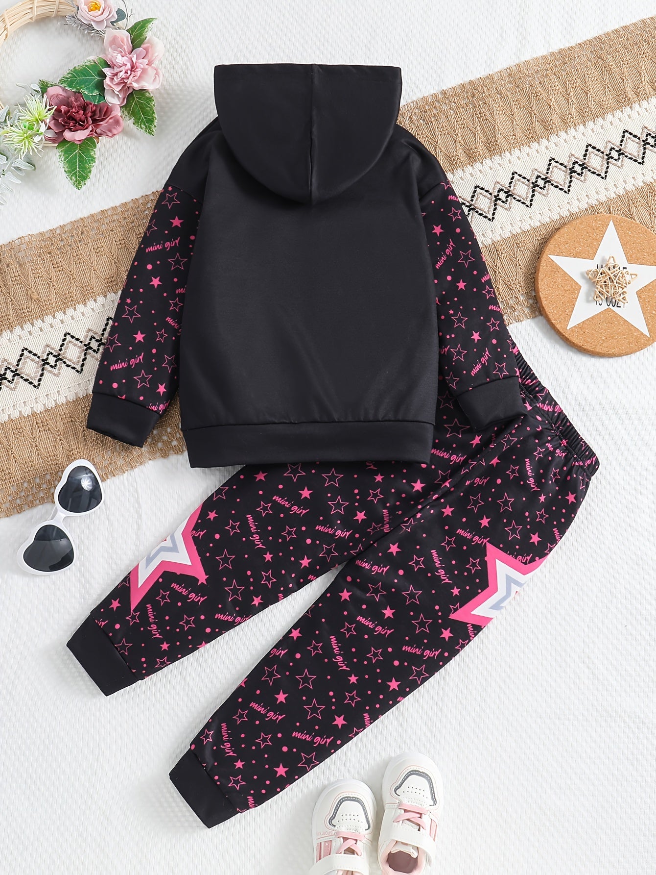 2pc Mini Girl Graphic Outfits: Hoodies + Jogger Pants