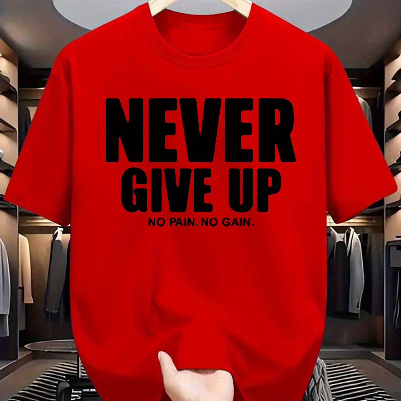 Men's casual crew neck t-shirt with "Never Give Up" print, made of polyester knit fabric with a slight stretch for a regular fit. Perfect for daily wear in summer with short sleeves.