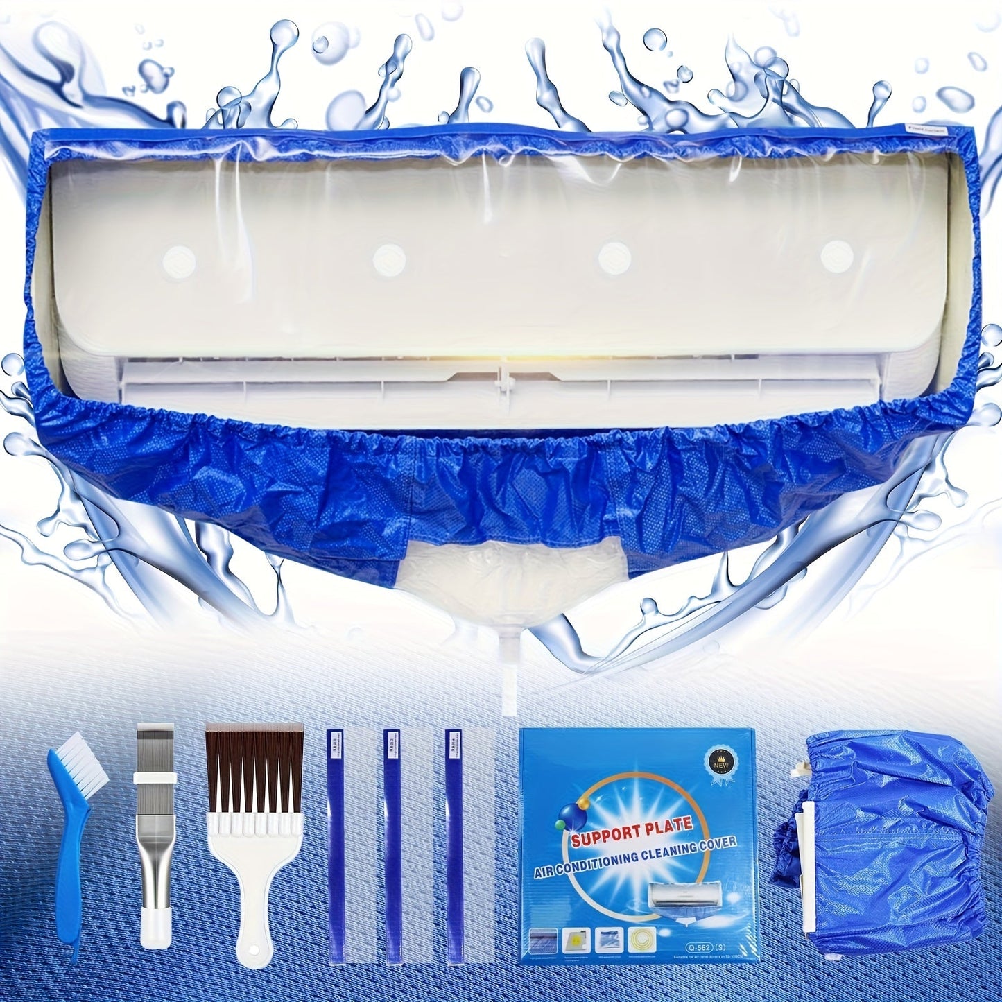 The set includes four pieces measuring 95cm/37.4inch and 130cm/51inch, designed for cleaning household large summer air conditioners. The air conditioner cleaner is equipped with a water bag and dust remover for multiple uses. It also comes with a