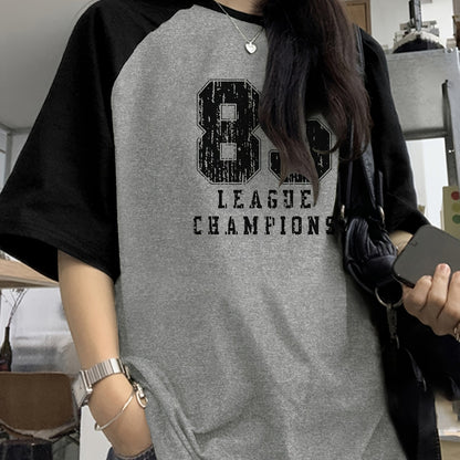 Women's casual crew neck t-shirt with letter print, short sleeve knit top, 95% polyester, 5% elastane, regular length, 180gsm, suitable for all seasons.