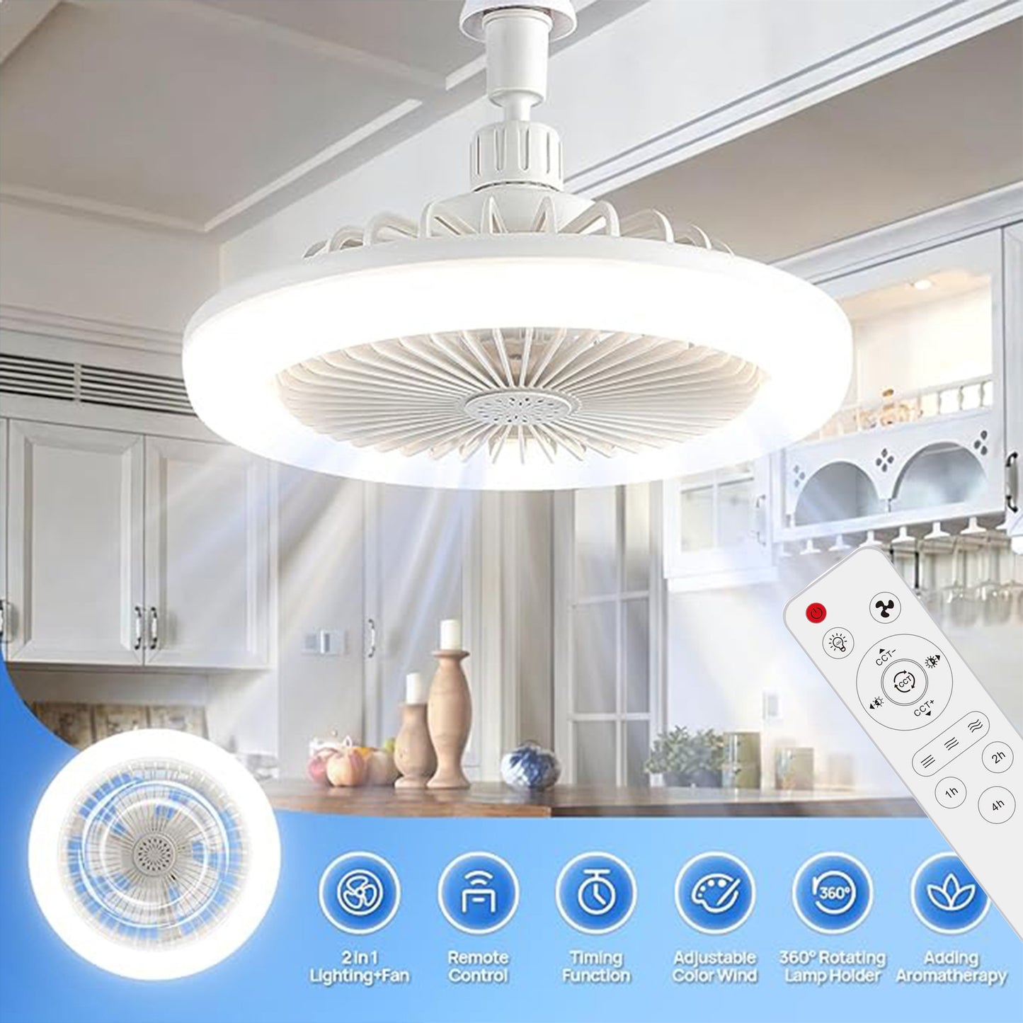 17-mode smart LED fan with light, 3-speed dimmable ceiling fan, invisible bladeless design, remote control, E27 interface, indoor use, modern flush mount for home, office, restaurant.