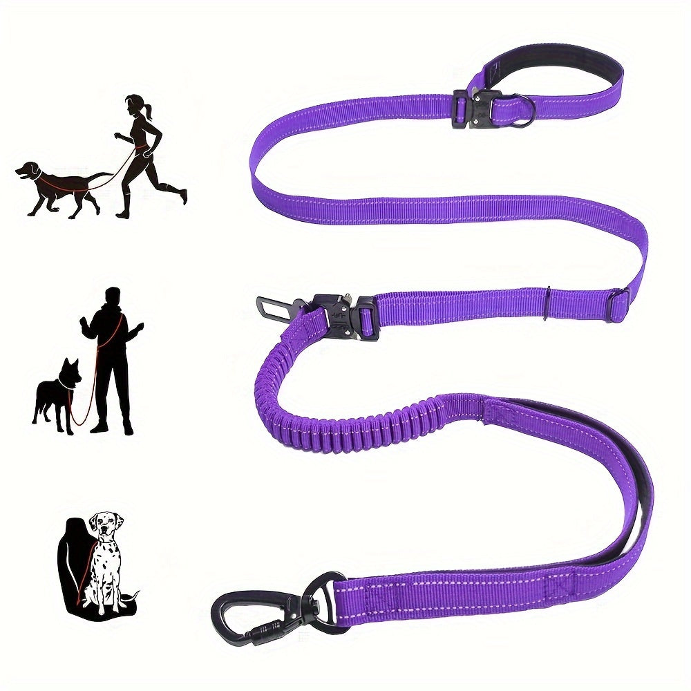 6-in-1 Hands-Free Dog Leash for Medium to Large Dogs - 3.05m, Striped Polyester, Full Metal Fittings, Safety Car Seat Belt, Shock Absorbing Bungee