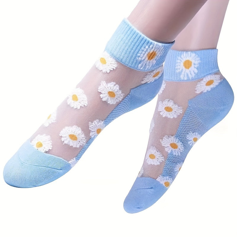 5 pairs of floral print short socks for women, breathable and lightweight transparent stockings.