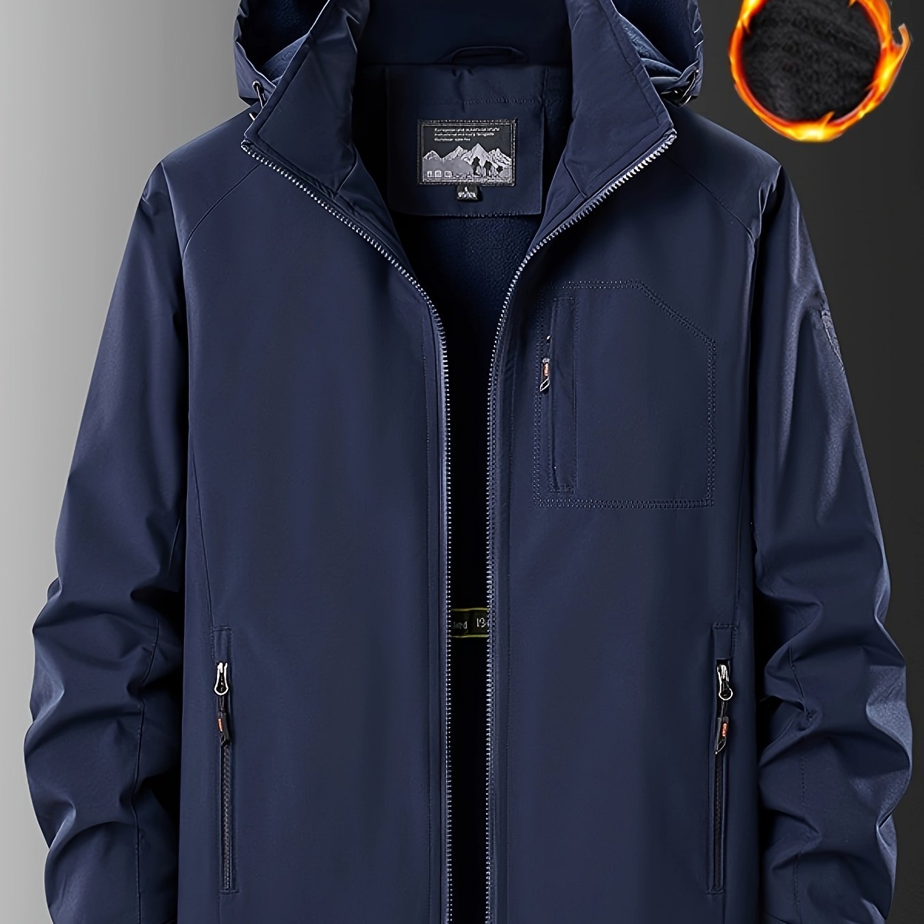 Men's winter jacket made of 100% polyester. Features waterproof and windproof qualities, detachable hood, multi-pocket design with zippered pockets, warm fleece lining, and solid color.